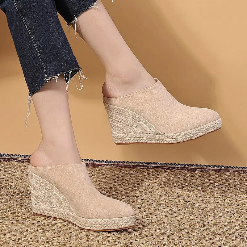 Spring Autumn new style pointed-toe wedge platform thick-soled high-heeled lace-up shoes with braided grass rope sole