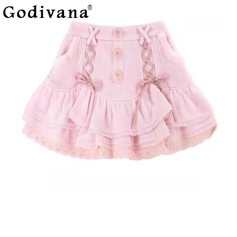 

Cool Girl Sexy Lace-up Sweet Pink A-line Skirt 2025 Summer New Chic Knitted Cute High Waist Age Reduction Versatile Cake Skirts