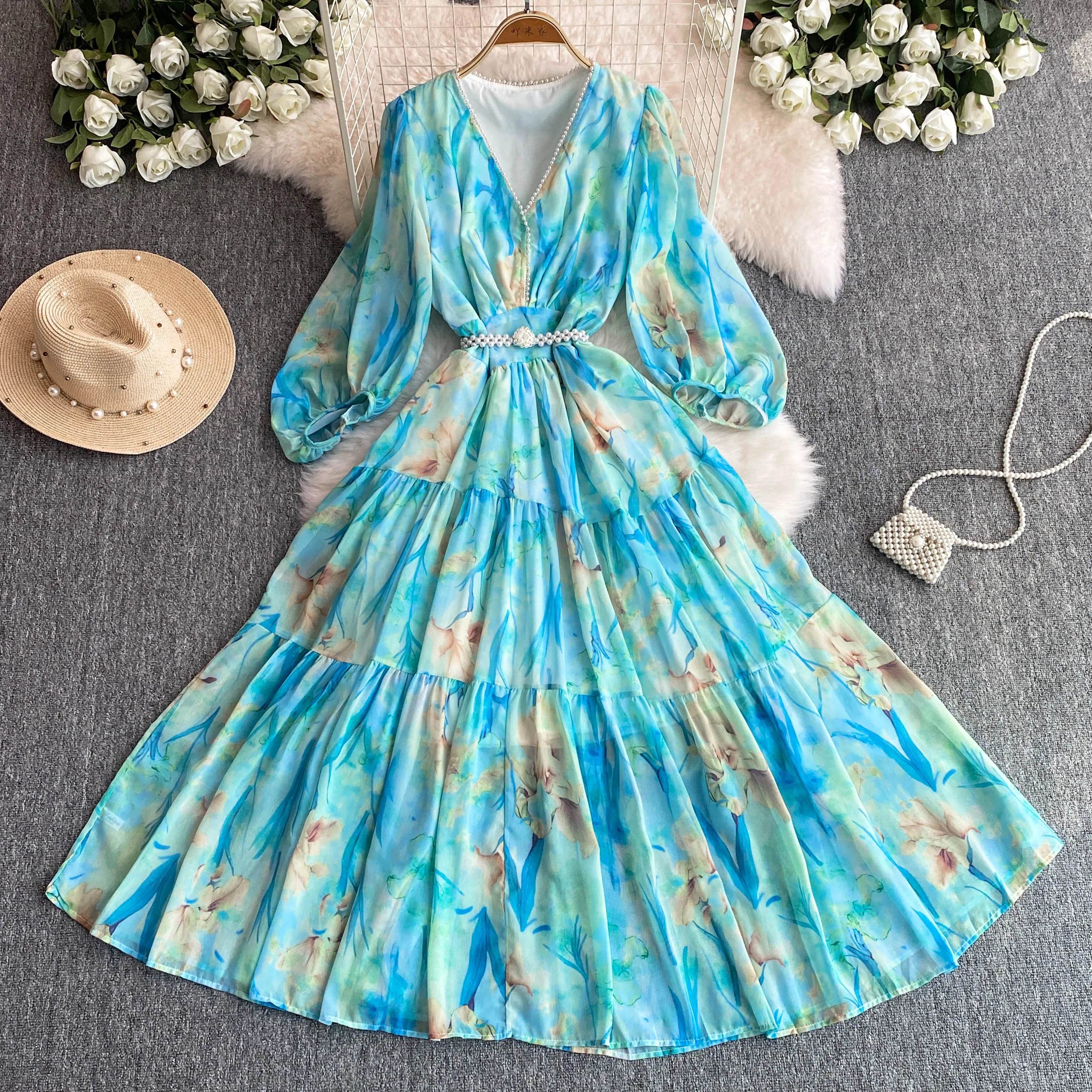 

Women Long Dress for Summer Wrist Sleeve V-neck Floral Print A-Line Maxi Vestidos Female Beading Elastic Waist Beach Dresses