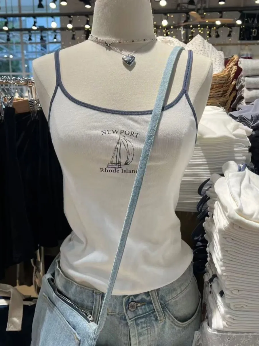 

Sailboat Letter Print Slim Tank Top Women Summer Casual Sleeveless Cotton Camisole Female Vintage Preppy Style Y2K Crop Tops New