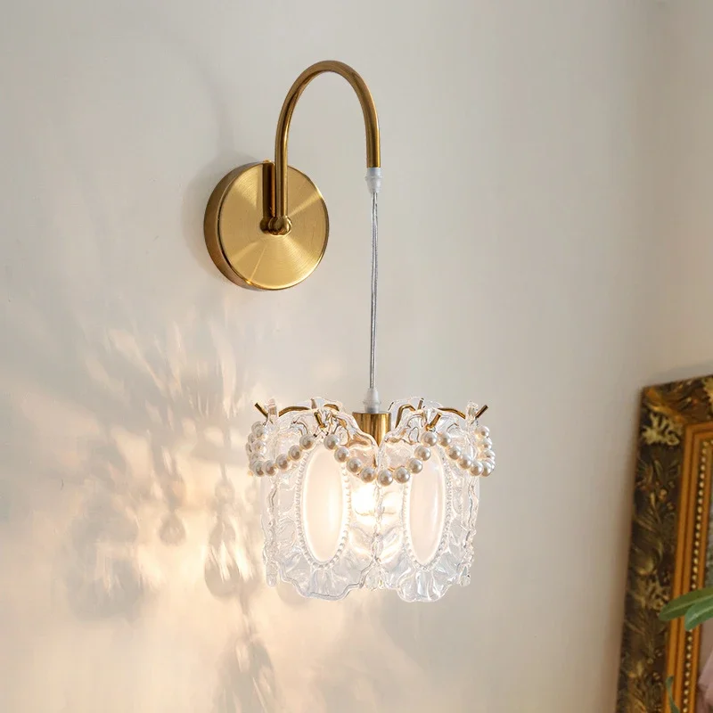 

French-Style Glass Shade Wall Lamp Modern Bedroom Headboard Decor Nordic Creative Living Room Lighting