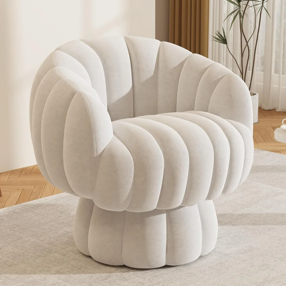 360 Degree Barrel Swivel Accent Sofa Chair, Fluffy Velvet Fabric Lounge Wide Upholstered Pumpkin Reading Chair, Round Armchair