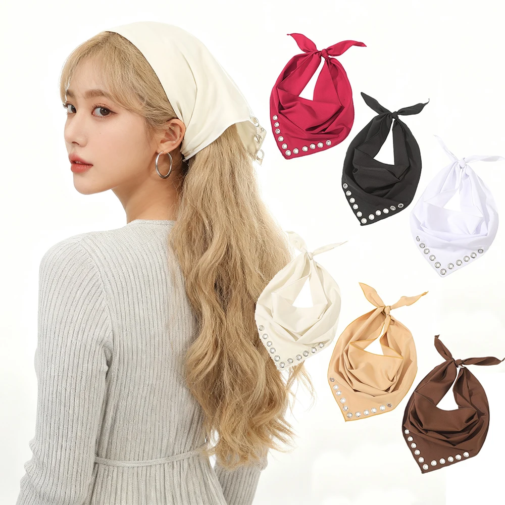 

3 шт., однотонная атласная бандана с заклепками, шарф для волос, вязаные повязки на голову с цветочным принтом, ретро тюрбан, повязка для волос, аксессуары для волос