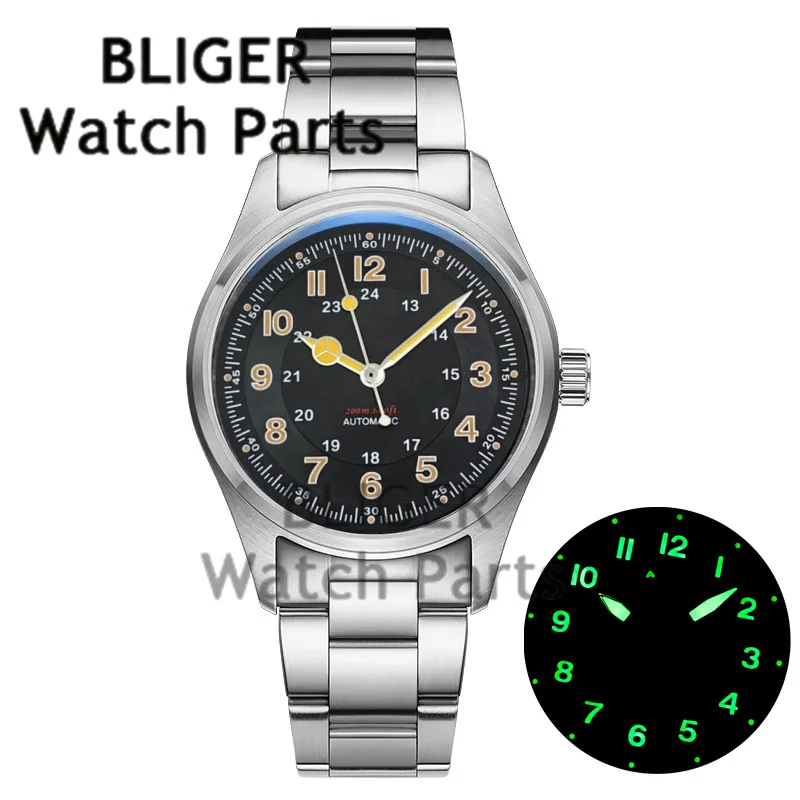

BLIGER Black Orange Dial Men's Automatic Mechanical Pilot Watch 100m Waterproof Green Luminous Stainles Steel Watch reloj hombre