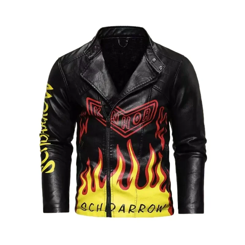 Men's PU Leather Autumn/Winter European and American Sizes Oblique Front Lapel Motorcycle Printed Halloween Leather Jacket