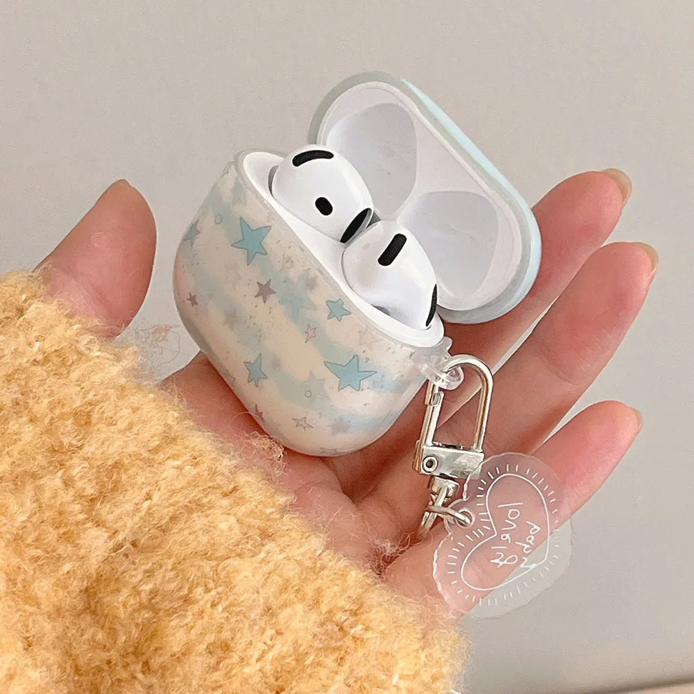 For Airpods 4 Pro 2 1 3 pro2nd Earphone Case Blue Stripe Stars IMD Headset Cover Heart Pendant Wireless Bluetooth Charging Box