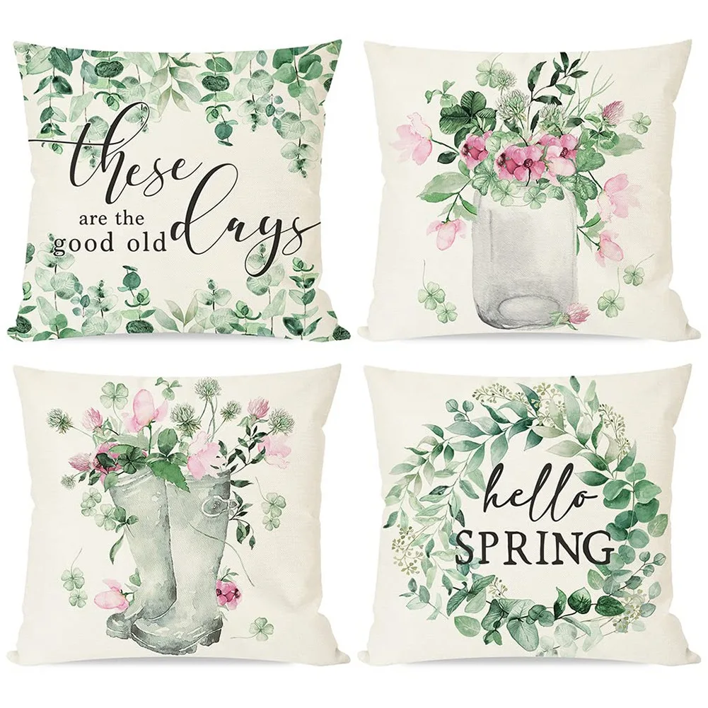 ABFN-Spring Pillow Covers 18X18 Set Of 4 Farmhouse Throw Pillows Cases Spring Decorations Cushion Covers For Home Couch