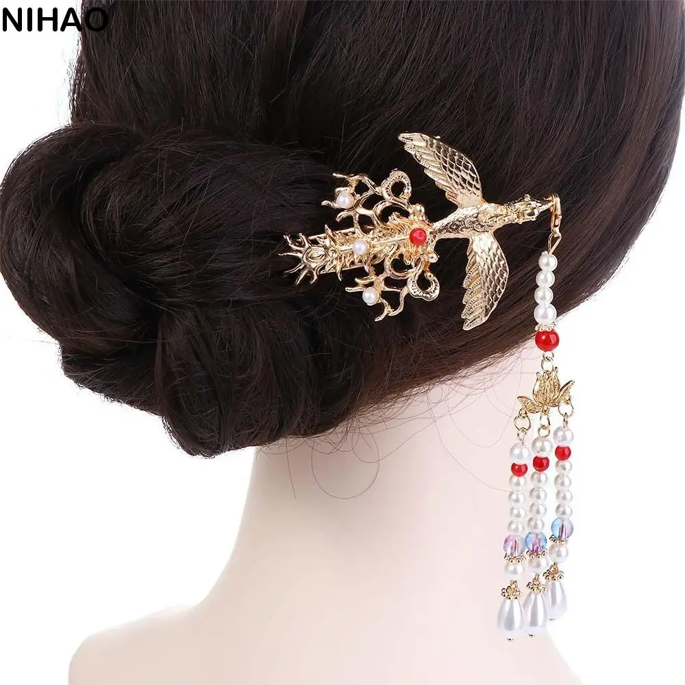 Style Elegant U-shape Phoenix Bird Pearl Bridal Korean Hair Sticks Women Hanfu Hairpins Chinese Hair Fork Metal Hair Clip