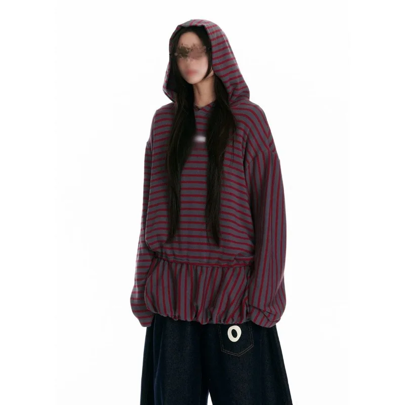 Long-sleeved Pullover Fashion Casual Loose Striped Contrasting Color Hooded Loose Sweatshirt Women's Autumn and Winter Tops