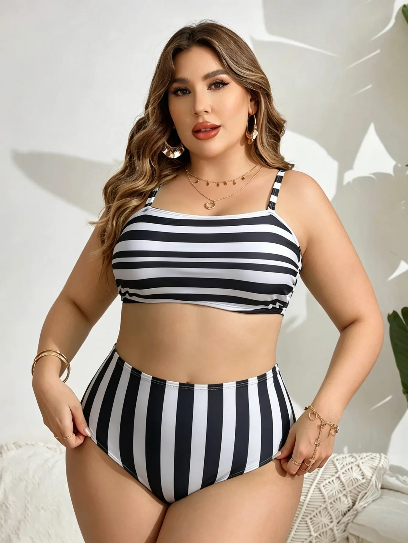 Plus Size 3 Piece Bikini Set for Women Square Neck Adjustable Straps High Waist Striped Swimsuit with Cover Up