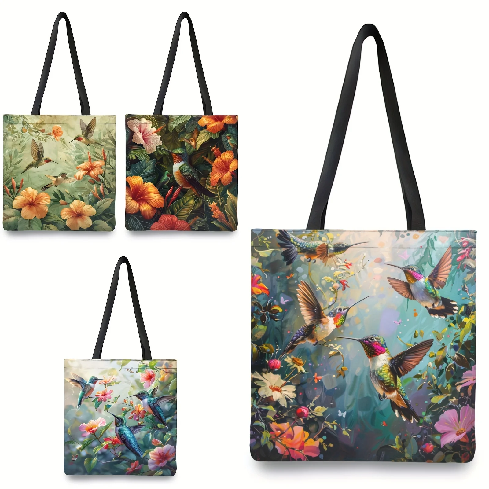 

1pc Tote Bag with Vibrant Hummingbird & Floral Print, Casual Style Durable Lining, Perfect for Travel & Beach Shoulder Bag