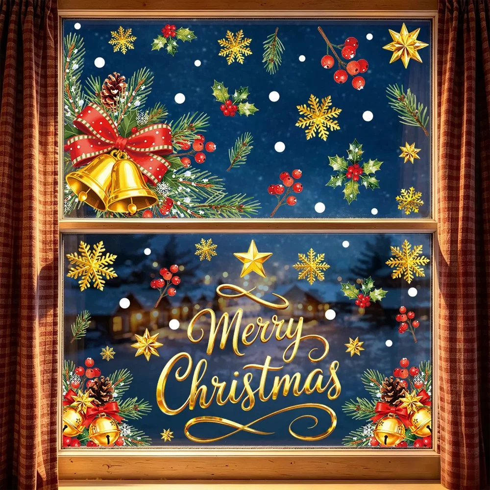 Merry Christmas Window Stickers with Golden Bells Snowflakes Static Cling Decals Christmas Decoration for Home Shopping Mall