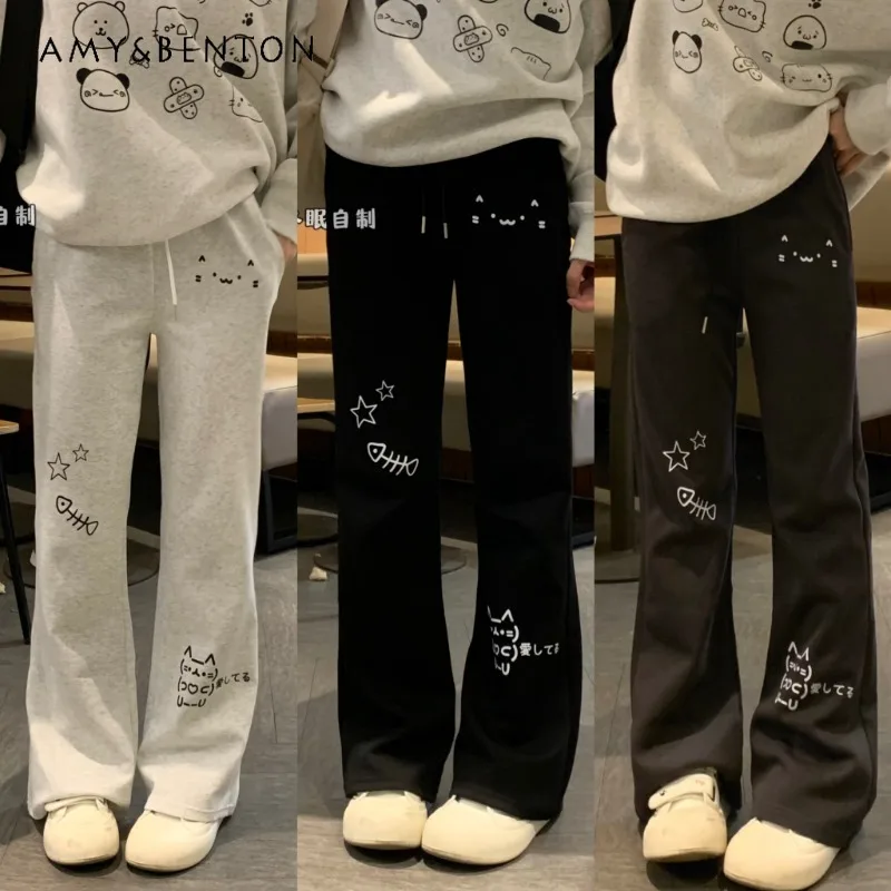 

Two-dimensional Cartoon Printing Loose Flared Pants Pure Cotton Casual Versatile Trousers High Waist Spice Girl Y2K Pants Women