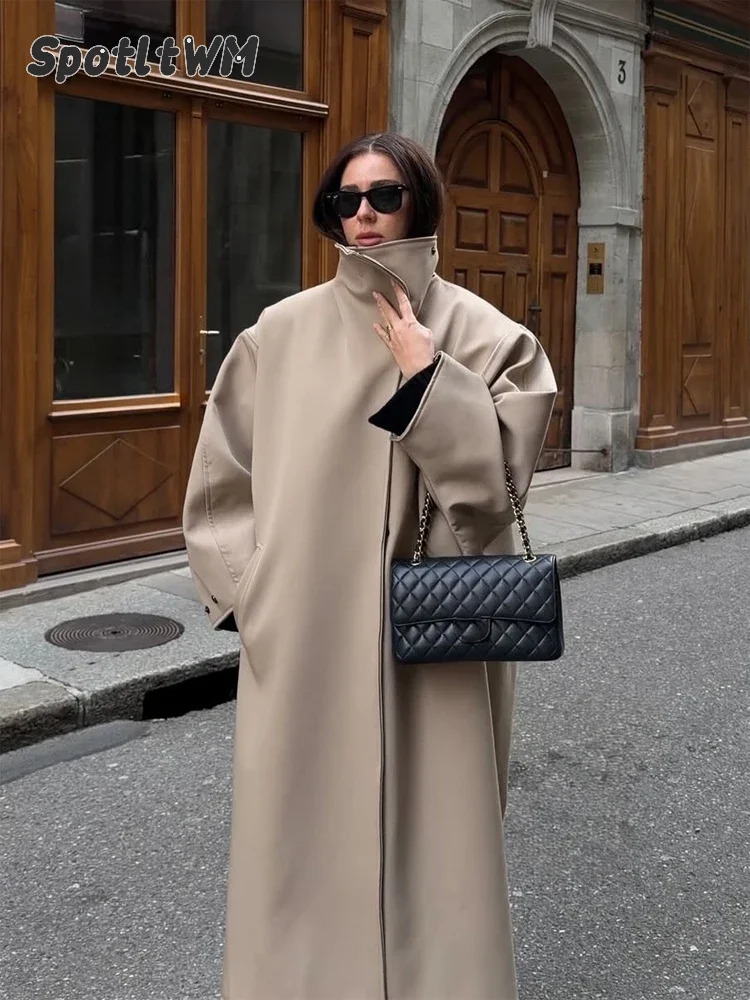 Women Oversized Trench Coat Drop‑shoulder Long Windbreaker Solid High Stand Collar Loose Fit Coats Autumn Commute Chic Jackets