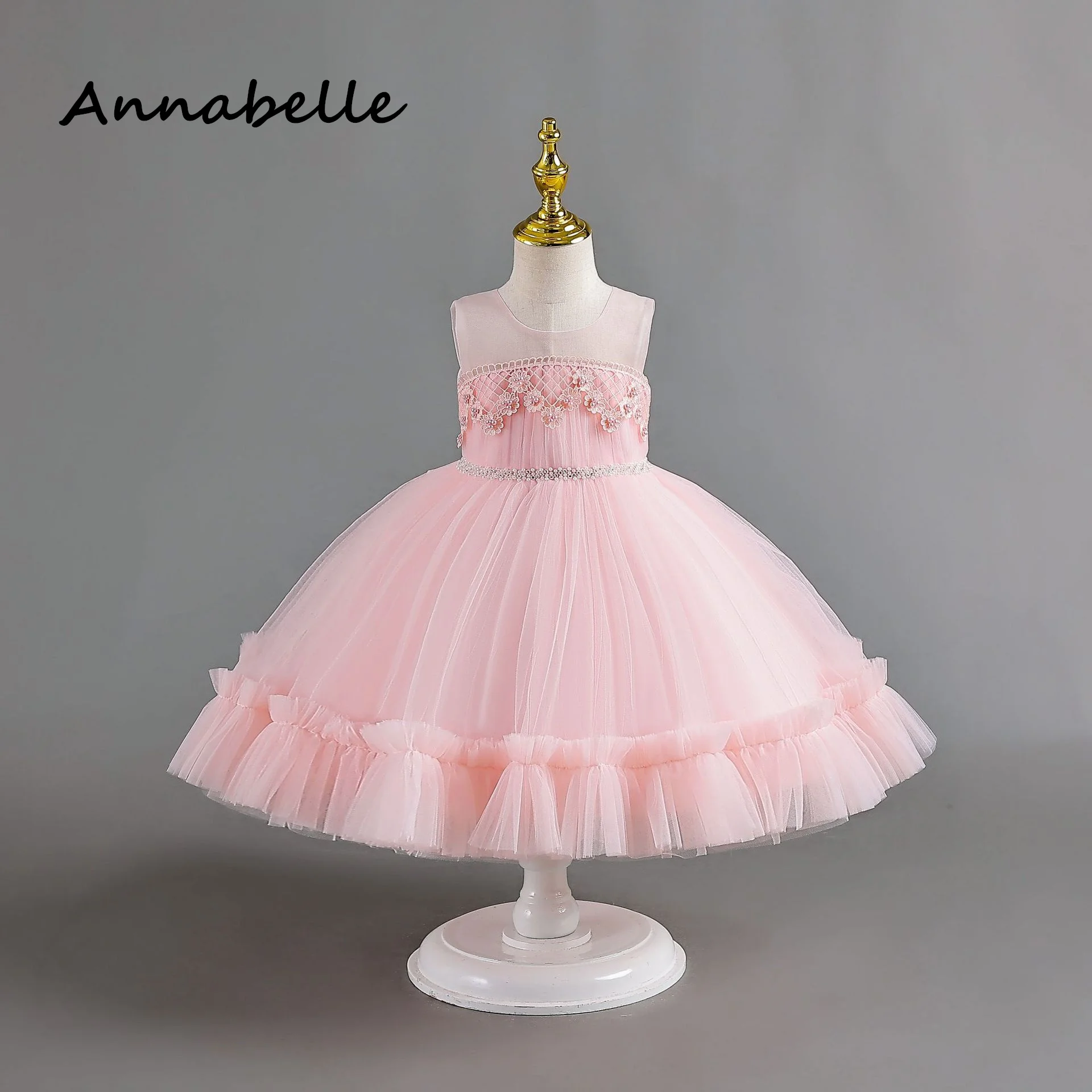 

Annabelle Flower Girl Princess Dress Baby Girl Ceremony Birthday Puffy Appliques For Wedding Party Bridesmaid Bow Pink Dresses