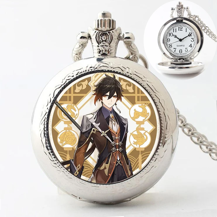 Game Genshin Impact Pocket Watch Vintage Customizable pictures Figure Necklace Hutao Zhongli Cosplay Pendant Jewelry Fans Gifts