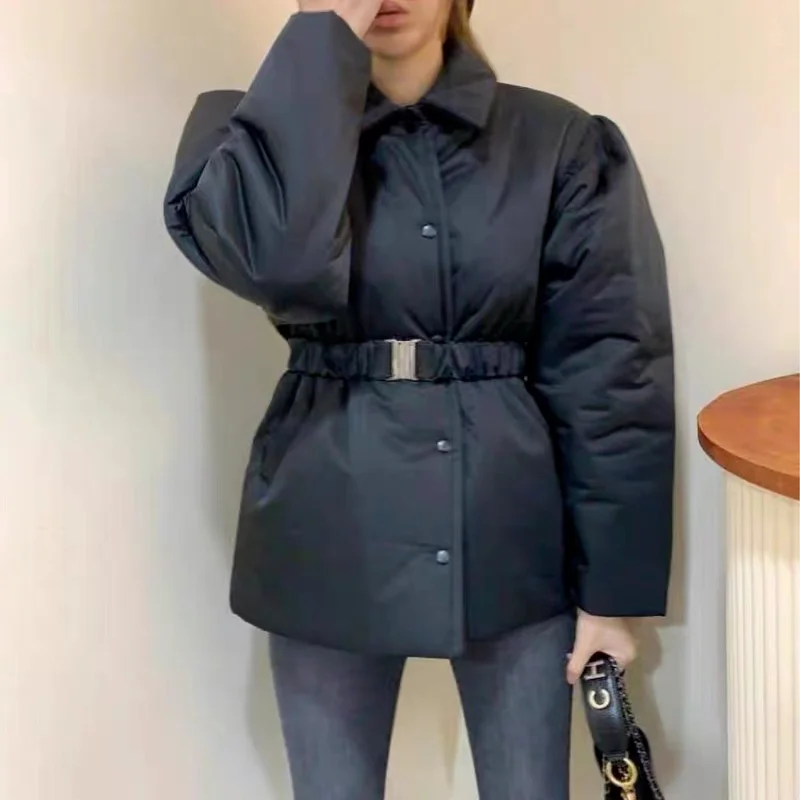 Elegant Temperament Cotton Jacket Autumn and Winter Puff Sleeve Waist Parka Coat Retro Lapel Tie Short Casual Bread Jacket