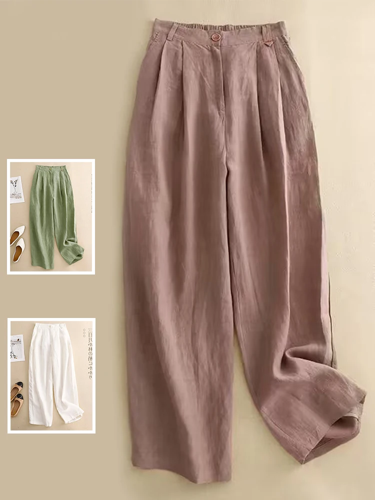 

Осень 2023, женские прямые льняные брюки с высокой талией, повседневные брюки большого размера, драпированные сложенные тонкие широкие длинные брюки