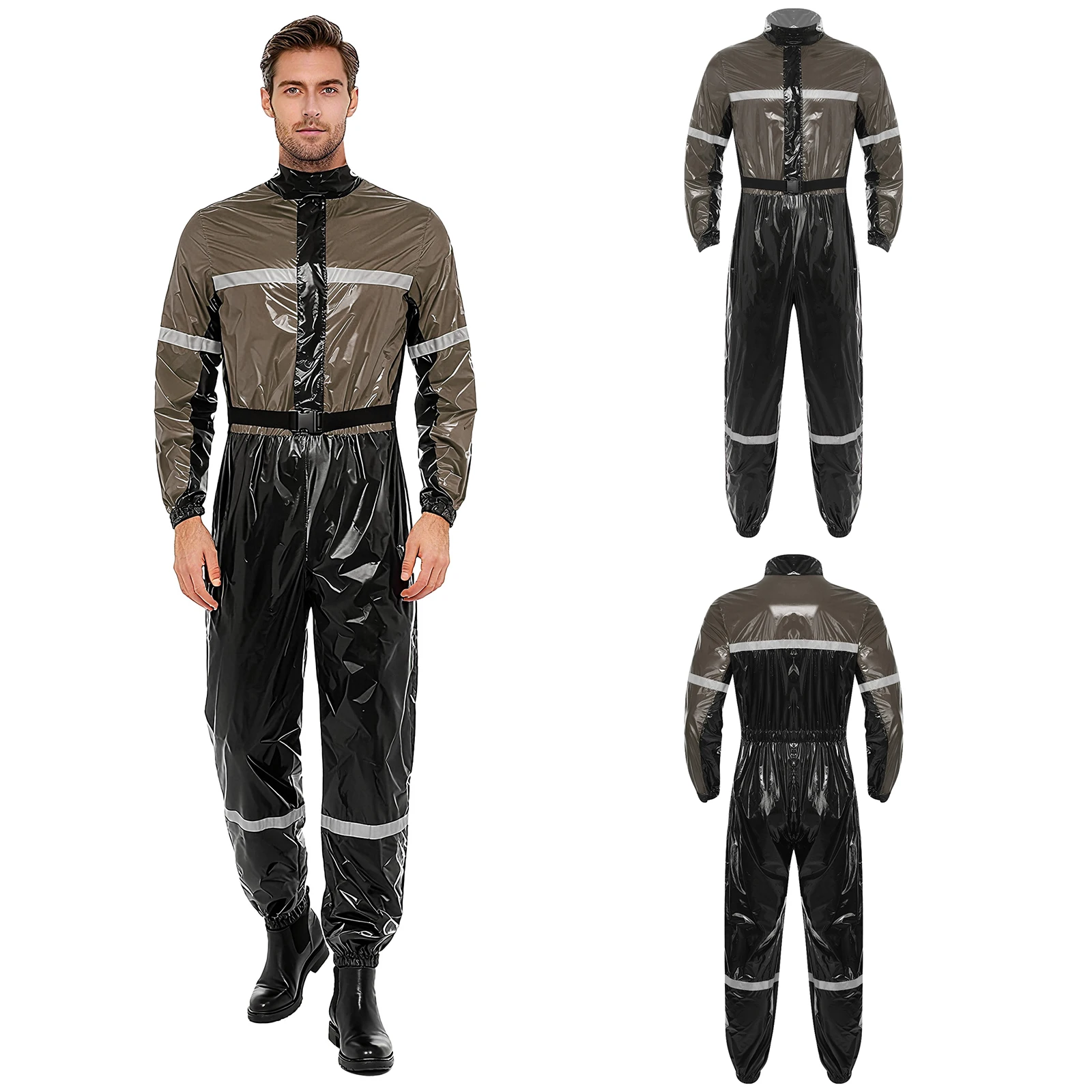 بدلة رجالية ذات شرائط عاكسة مقاومة للماء، بدلة عمل ذات ألوان متعددة، بياقة واقفة وأكمام طويلة وسحاب أمامي