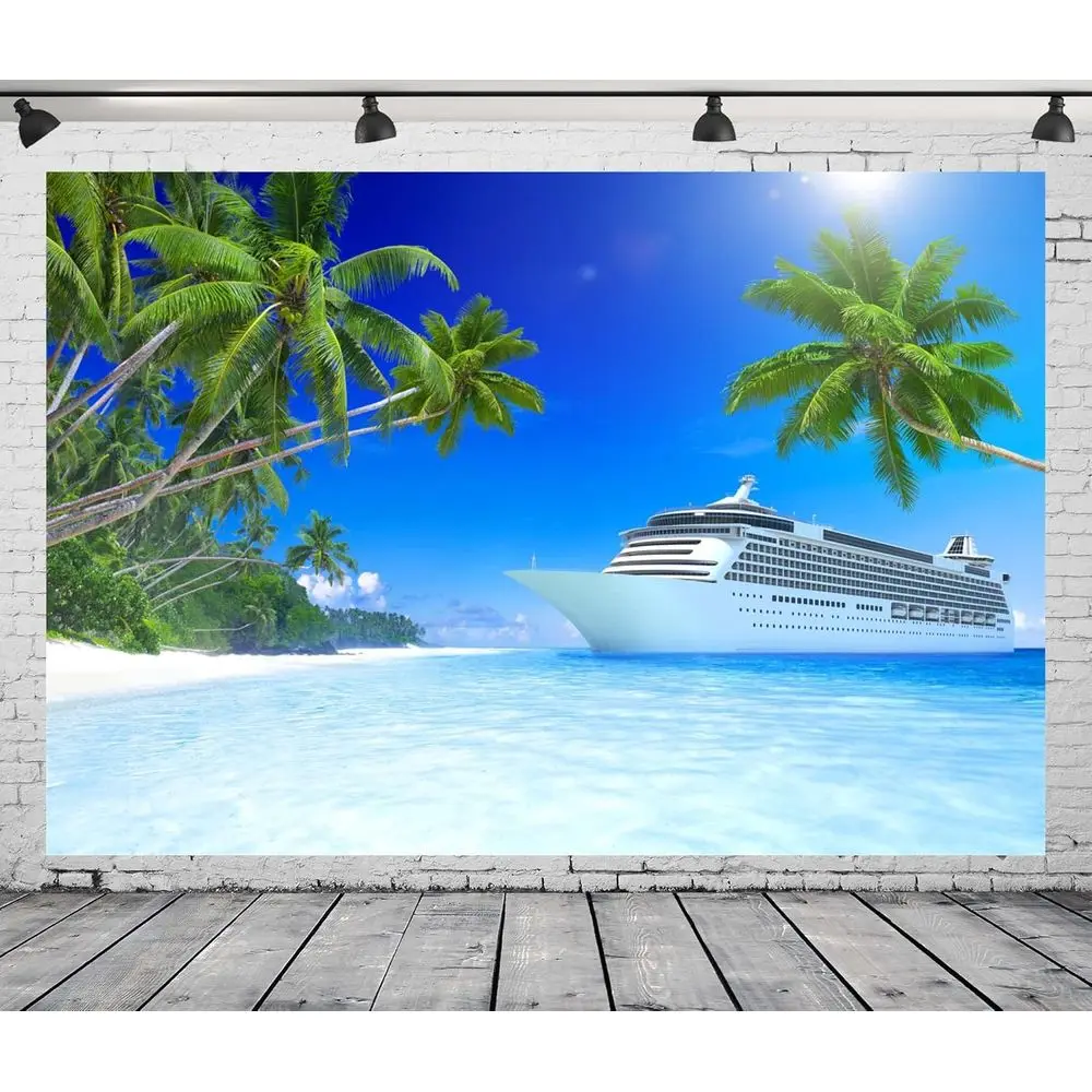 Elegant Cruise Ship Themed Backdrop, 20x10ft, for Tropical Ocean, Island, Caribbean Sea, Coconut Trees, Summer Day, Travel, Birt