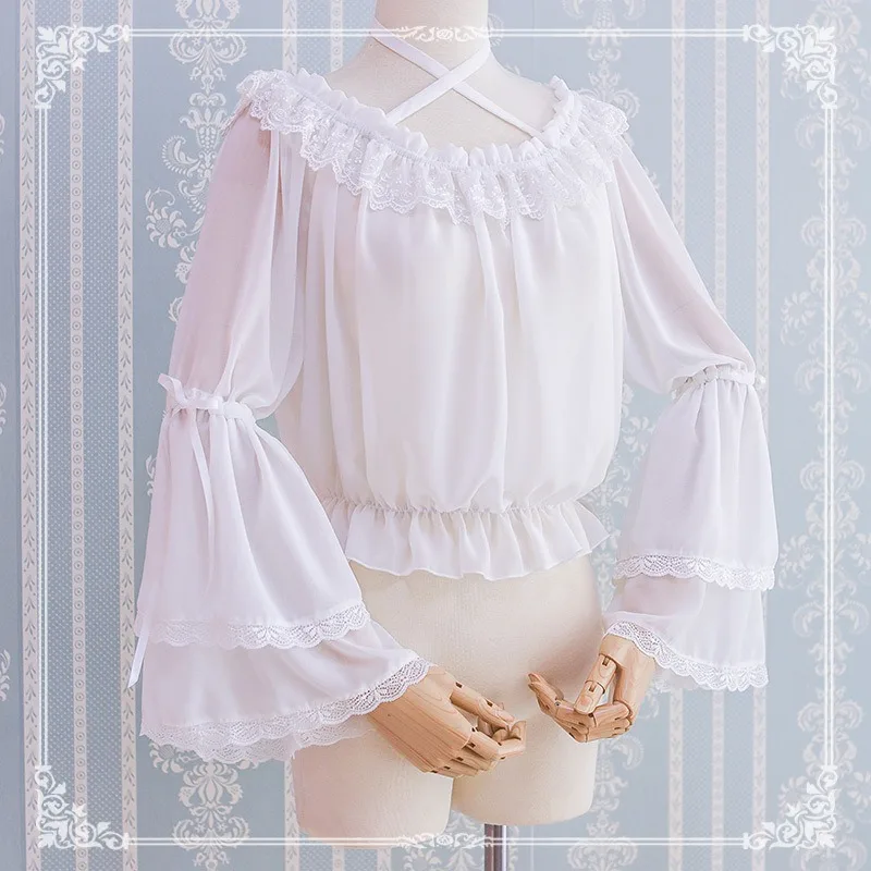 

Japanese Lolita Retro Short Lace Ruffle Edge Shoulder Blouse Women Y2k Sweet Flare Sleeve Top Girl Elegant Princess Blouses