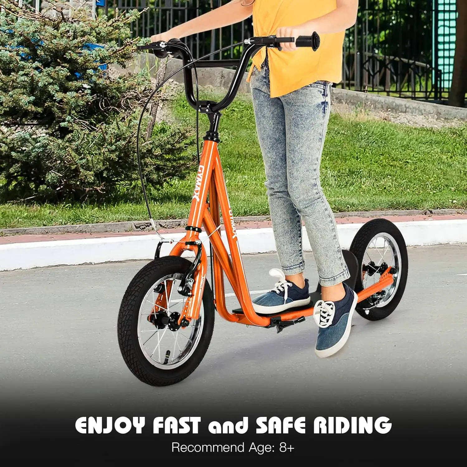 Hulajnoga terenowa dla dzieci i dorosłych z 12-calowymi dmuchanymi kołami, regulowaną wysokością kierownicy, hamulcami V-Type i podnóżkami osi.