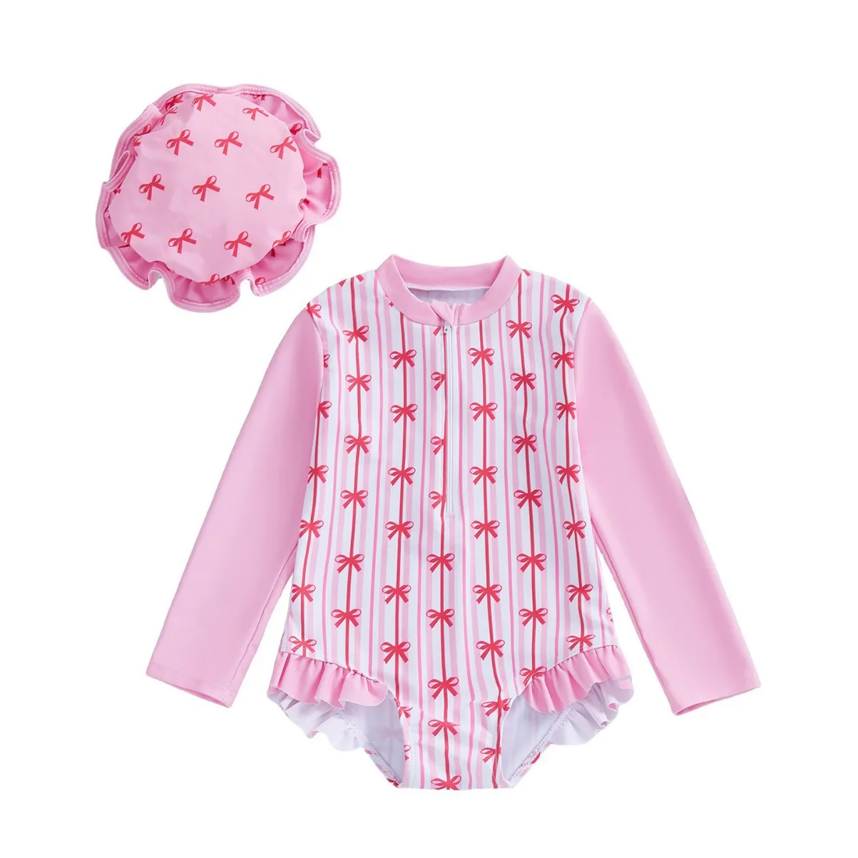 Girls One-piece Swimsuit Kids Cute Floral Bowknot Print Sun-protective Long Sleeve Quick-Dry Triangle Swimwear Baby Bathing Suit