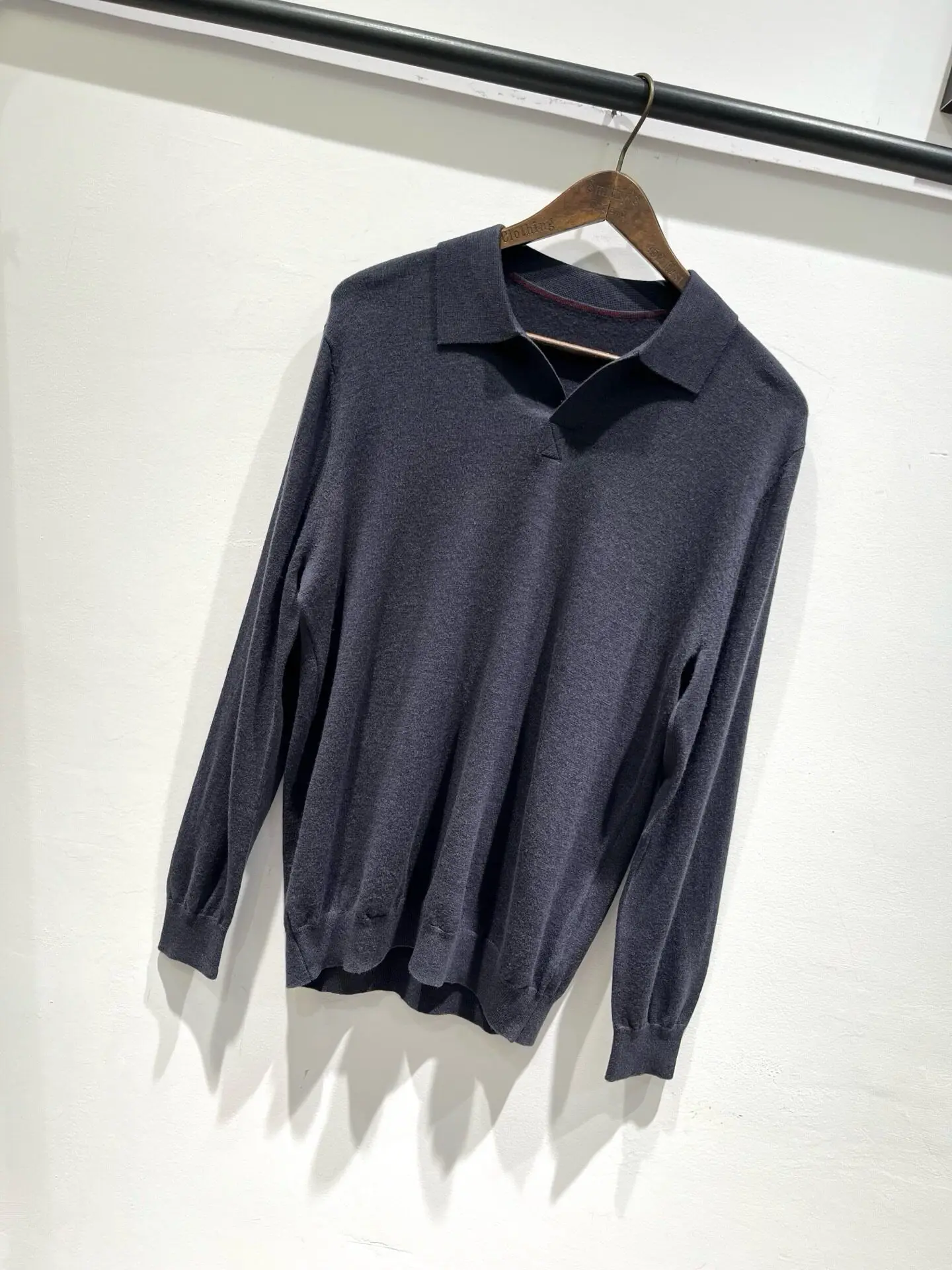 Italian autumn burgundy wool knitted long-sleeved polo shirt