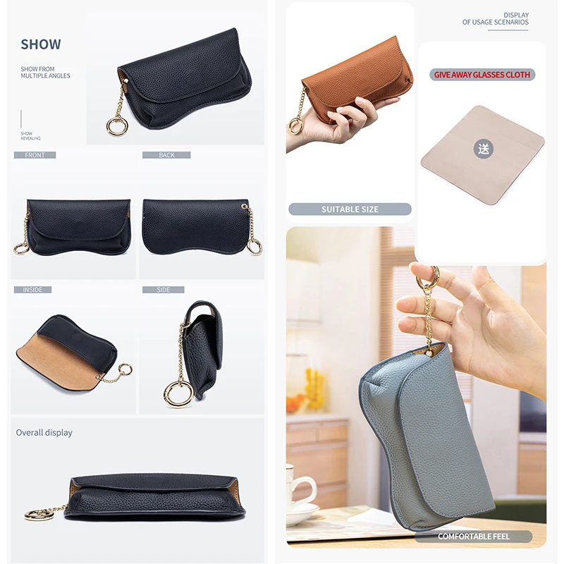 

Genuine Top Layer Cowhide Glasses Case Portable Sunglasses Bag Eyeglasses Storage Cover Leather Glasses Storage Box with Chain