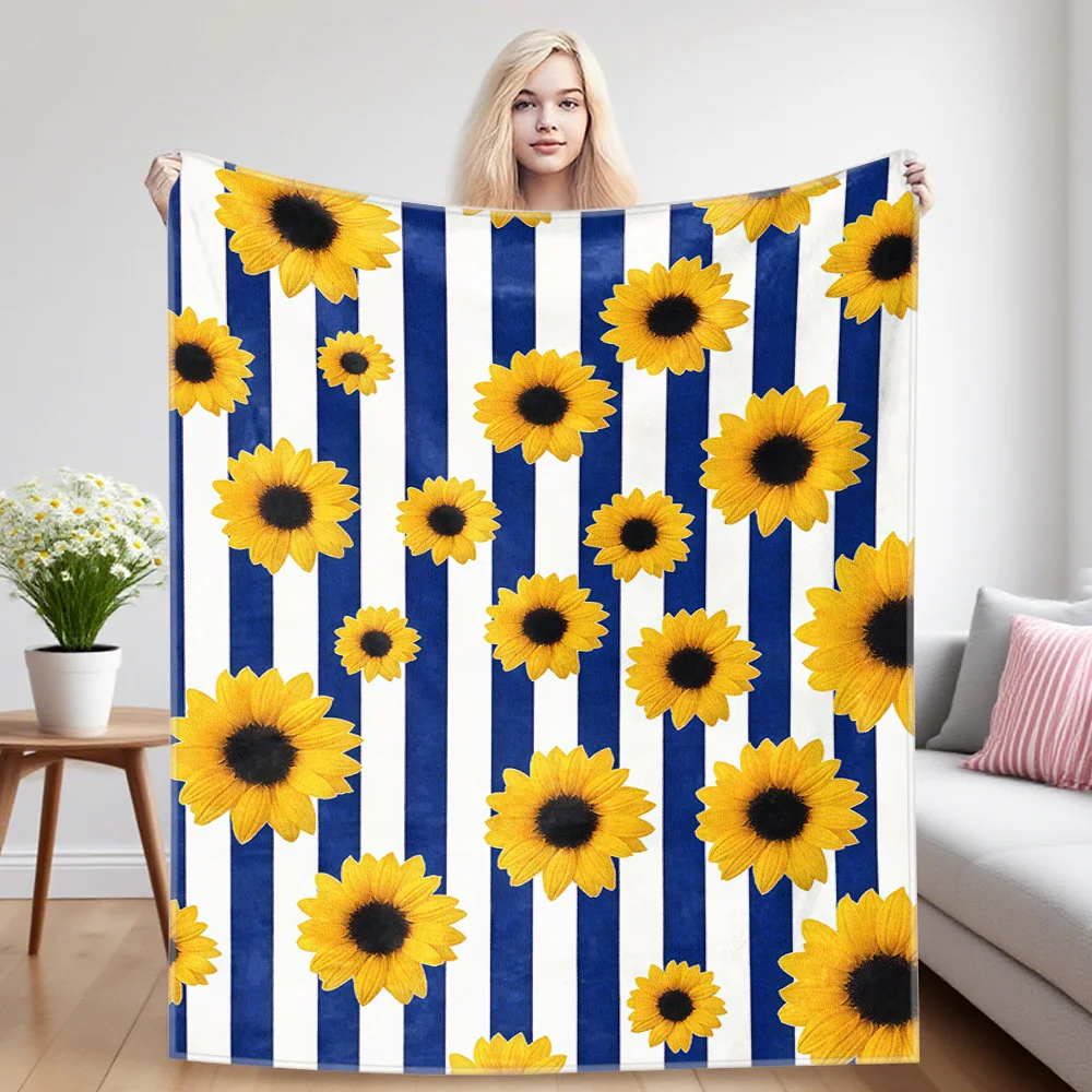 Sunflower Stripes Sofa Specific Soft Flannel Blanket, Universal Plush Gift Blanket For All Seasons