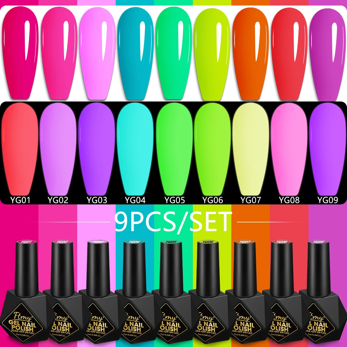 

9pcs Glow-in-the-Dark Gel Nail Polish - UV/LED Soak Off, Long-Lasting & Shatterproof, Vibrant Colors for Halloween & Everyday Gl