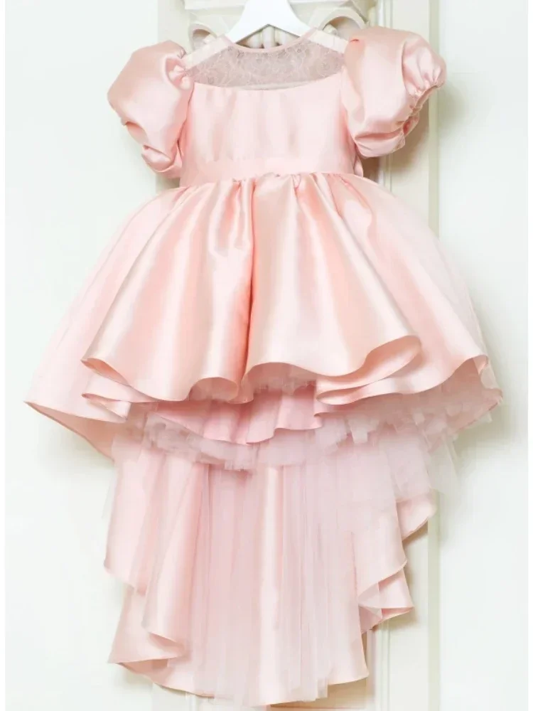Birthday Banquet Princess Gowns Flower Girl Dresses Pink Satin Tulle Appliques With Bow And Trailing Short Sleeve For Wedding