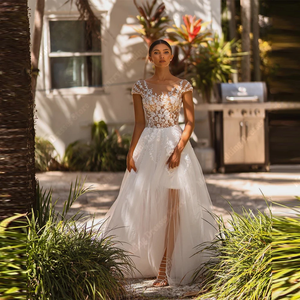 Querida colar a linha vestidos de casamento feminino mangas curtas rendas apliques vestidos de noiva banquete vestidos de novias personalizado