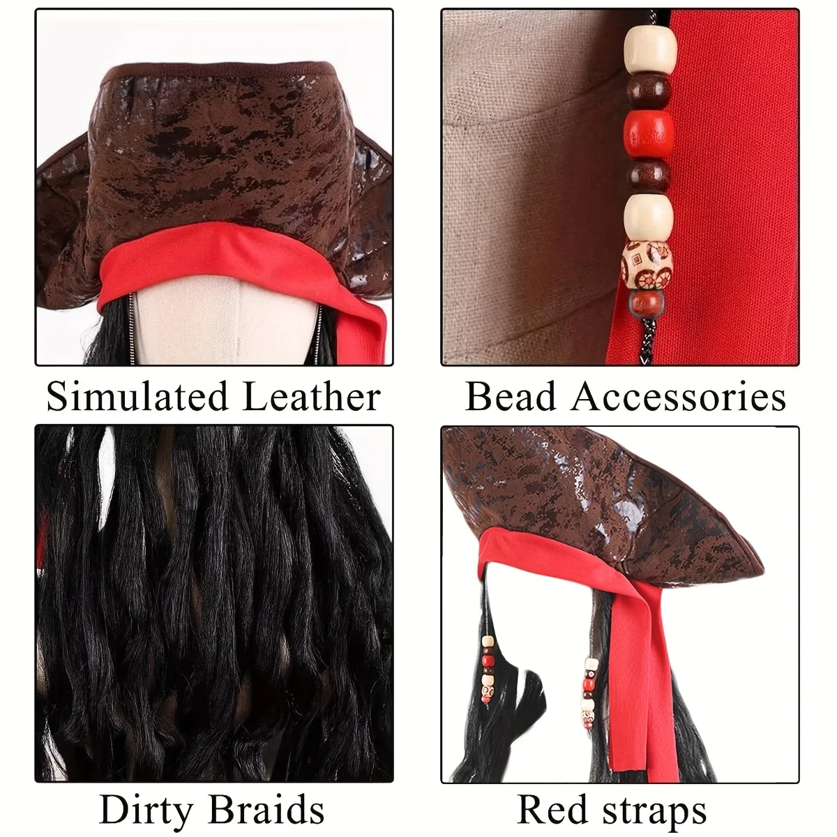 Ensemble d'accessoires de costume de pirate – Chapeau de pirate en polyester avec tresse, cache-yeux, collier et fausse barbe – Idéal pour Halloween, Carniv