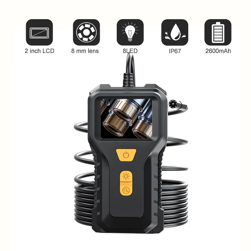Industrial Endoscope Camera with Light HD 2 Inch LCD IP67 Waterproof Inspection Borescope Camera Semi-Rigid Cable for Pipe Car
