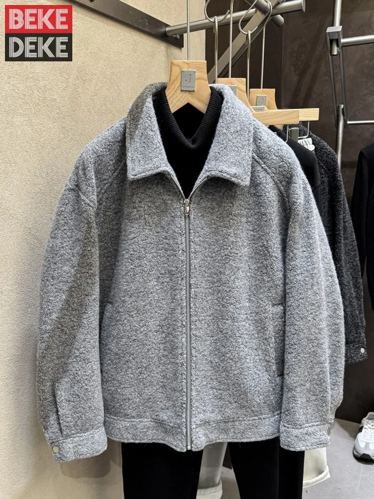 

Autumn Winter Male Fashion Zipper Solid Color Sheep Wool Turn Down Collar Jacket Loose Coat Casual Male Long Sleeves Work Coat
