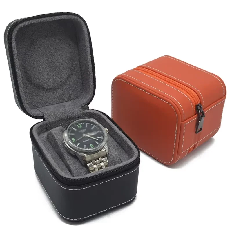 Single Watch Case PU Leather Zipper Watch Travel Case with Removable Cushion Storage Case Organizer Portable Square Watch Box