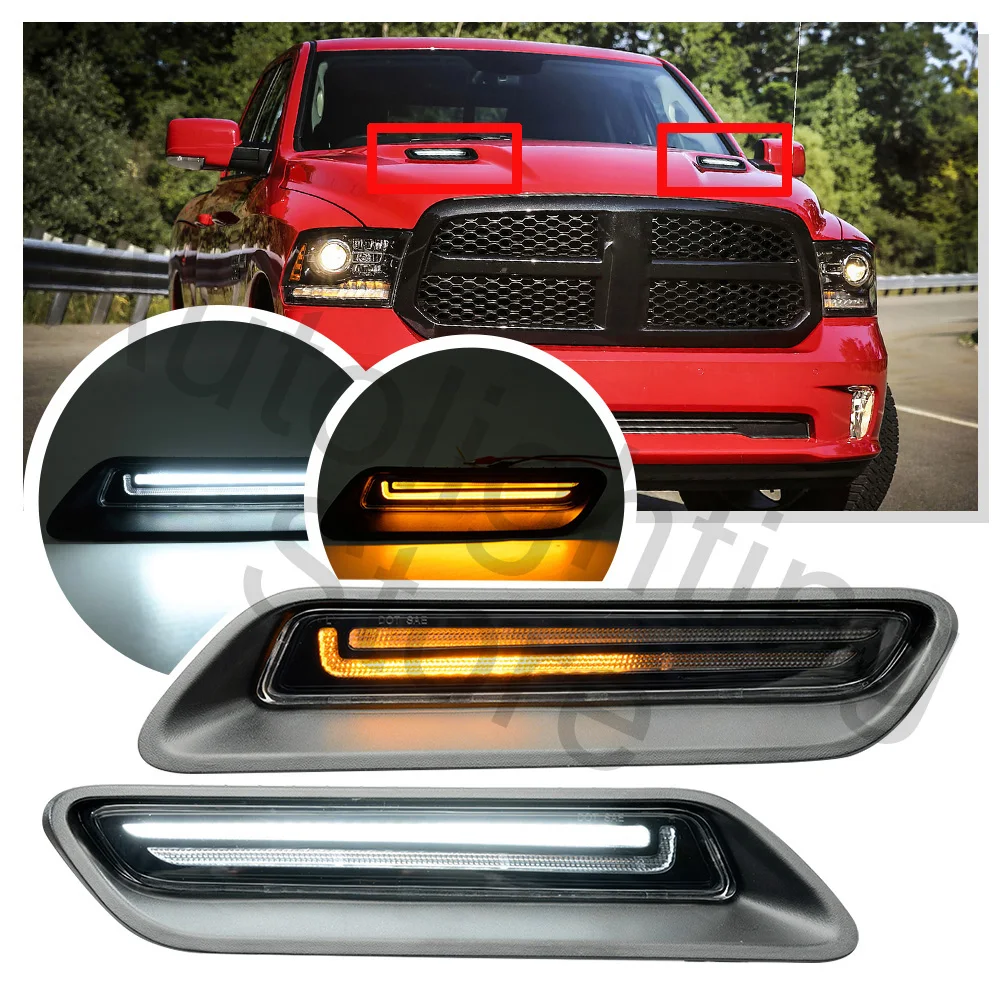 

2PCS LED sprot hood Light decorative grille For Dodge RAM 1500 2010-2018 2019-2022 white DRL Dynamic amber turn signal light