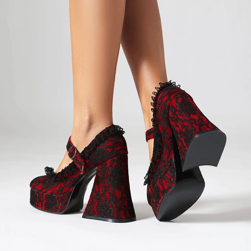 Lace Printed Fabric Platform Ultra-High Conical Heel Shallow Fashion High Heels Buckle Floral Fabric Elegant And Sexy Pumps