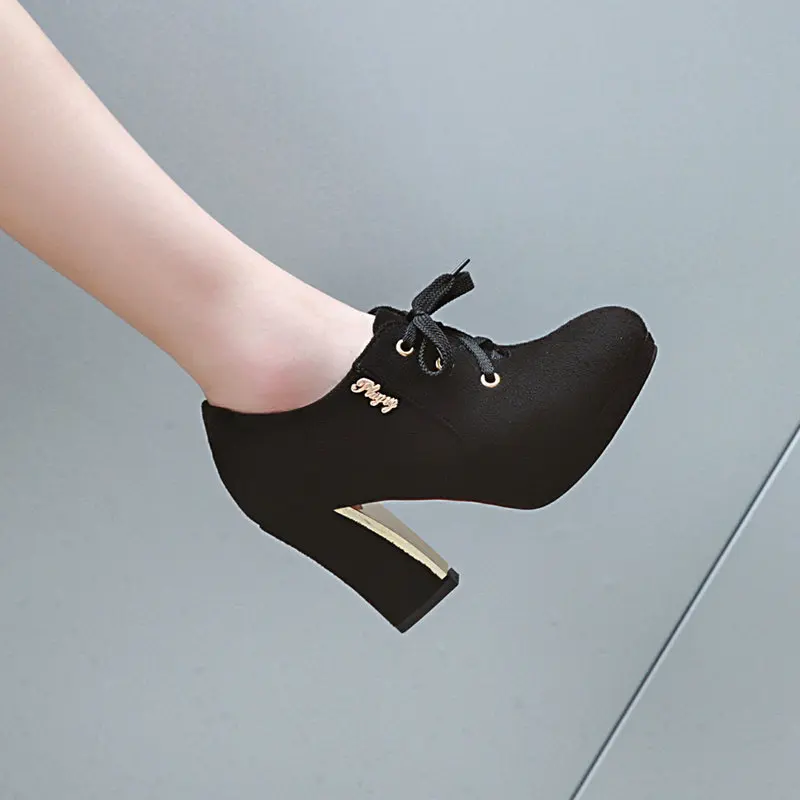 Spring Autumn Vintage Lace Up Women Pumps Oxford Shoes Simple Chunky Heel Suede High Heels Lady Ankle Boots Size 33-43