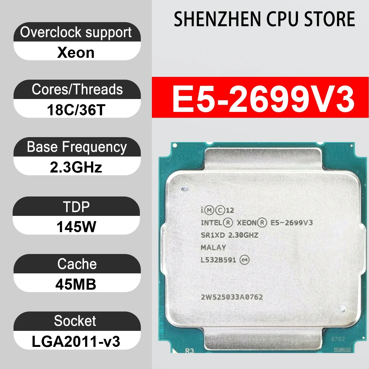 Intel Xeon E5-2699V3 18 Core 36 Thread 2.3GHz 145W 45MB Cache 22nm LGA 2011-v3 SR1X9 DDR4-2133 Mhz Haswell-EP