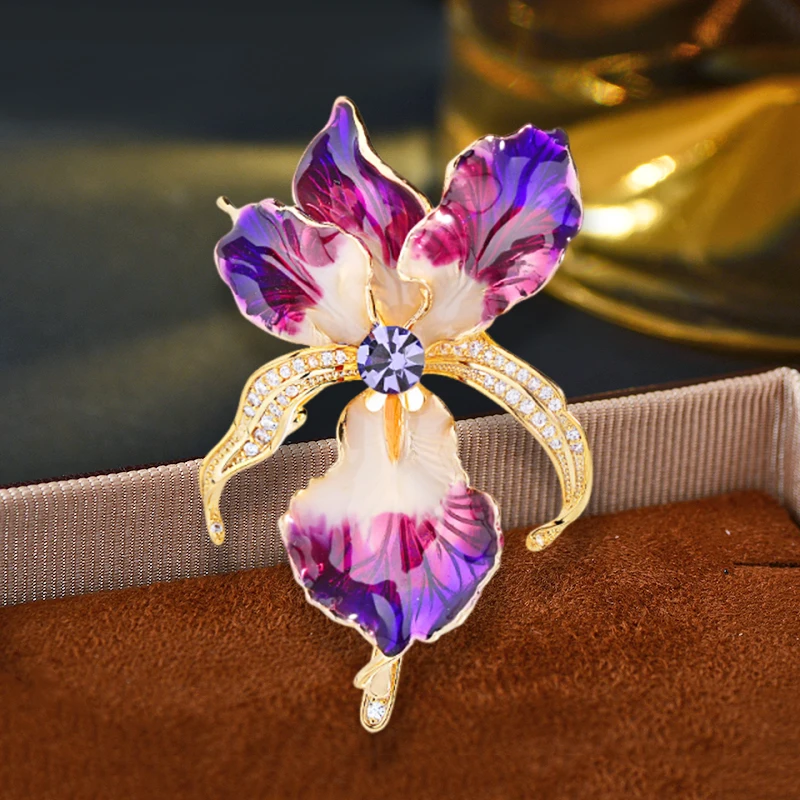 OKILY Ethnic Heritage Handmade Enamel Iris Brooches Elegant Temperament Flower Broche Slightly Inlaid Zircon Pin for Women decor