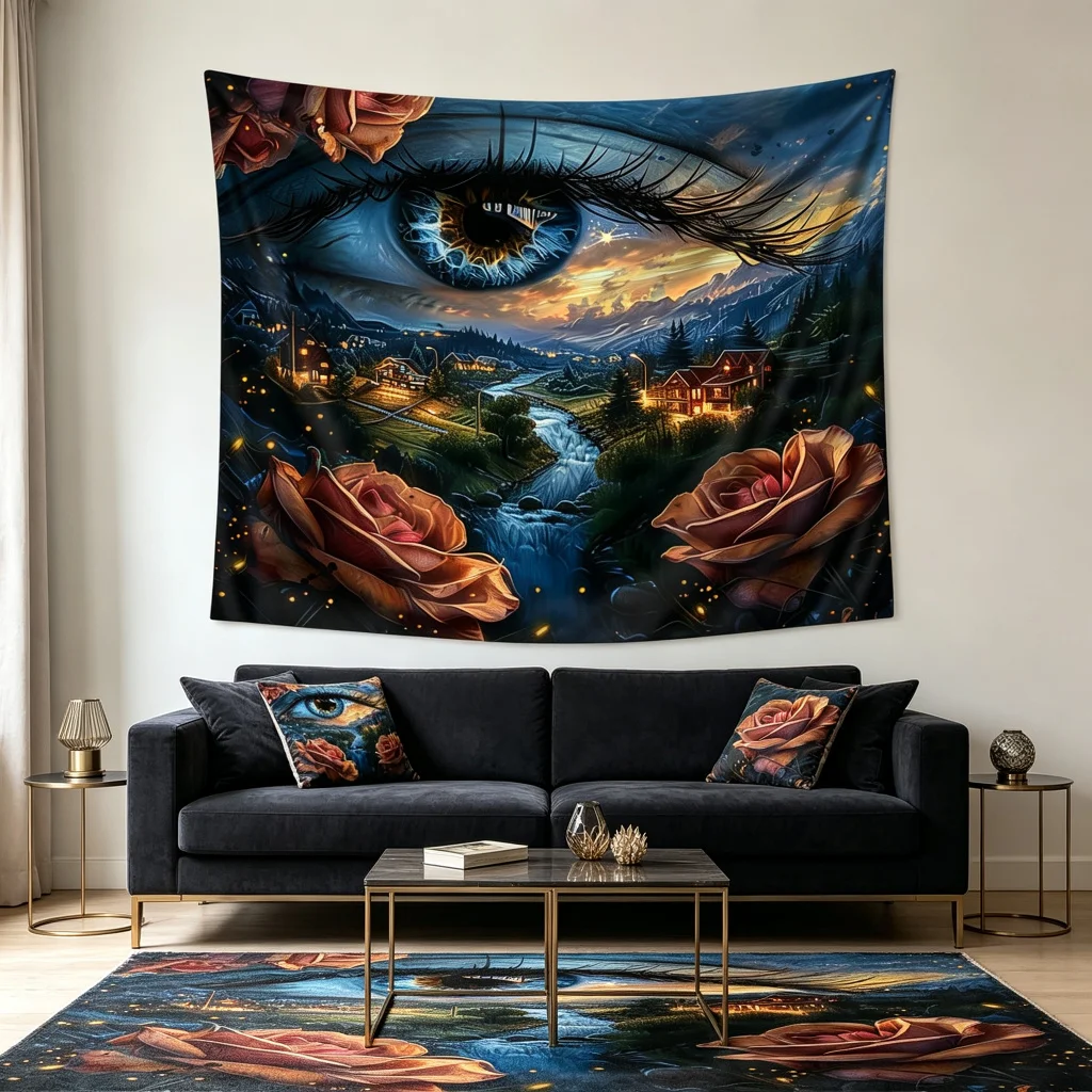 1PC Eye Rose Village River Print Backdrop Banner, Bedroom Living Room Photo Background, Polyester, Home Decor, Wall Art
