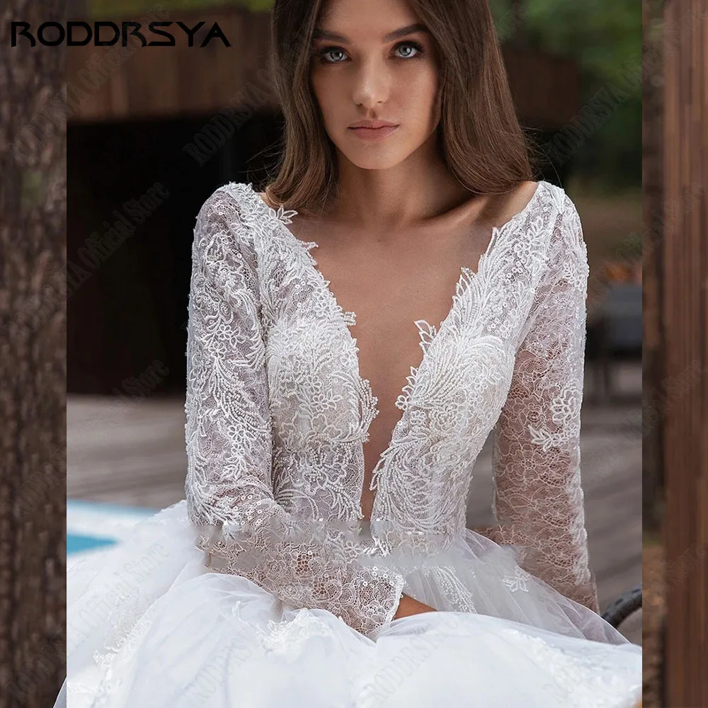 Roddsya exquisito vestido de novia de manga larga 2024 vestido de novia con cordón umbiRODDRSYA-Vestido de Novia de manga larga, traje de Novia con cuello redondo, Espalda descubierta, apliques de encaje, línea A, 2024