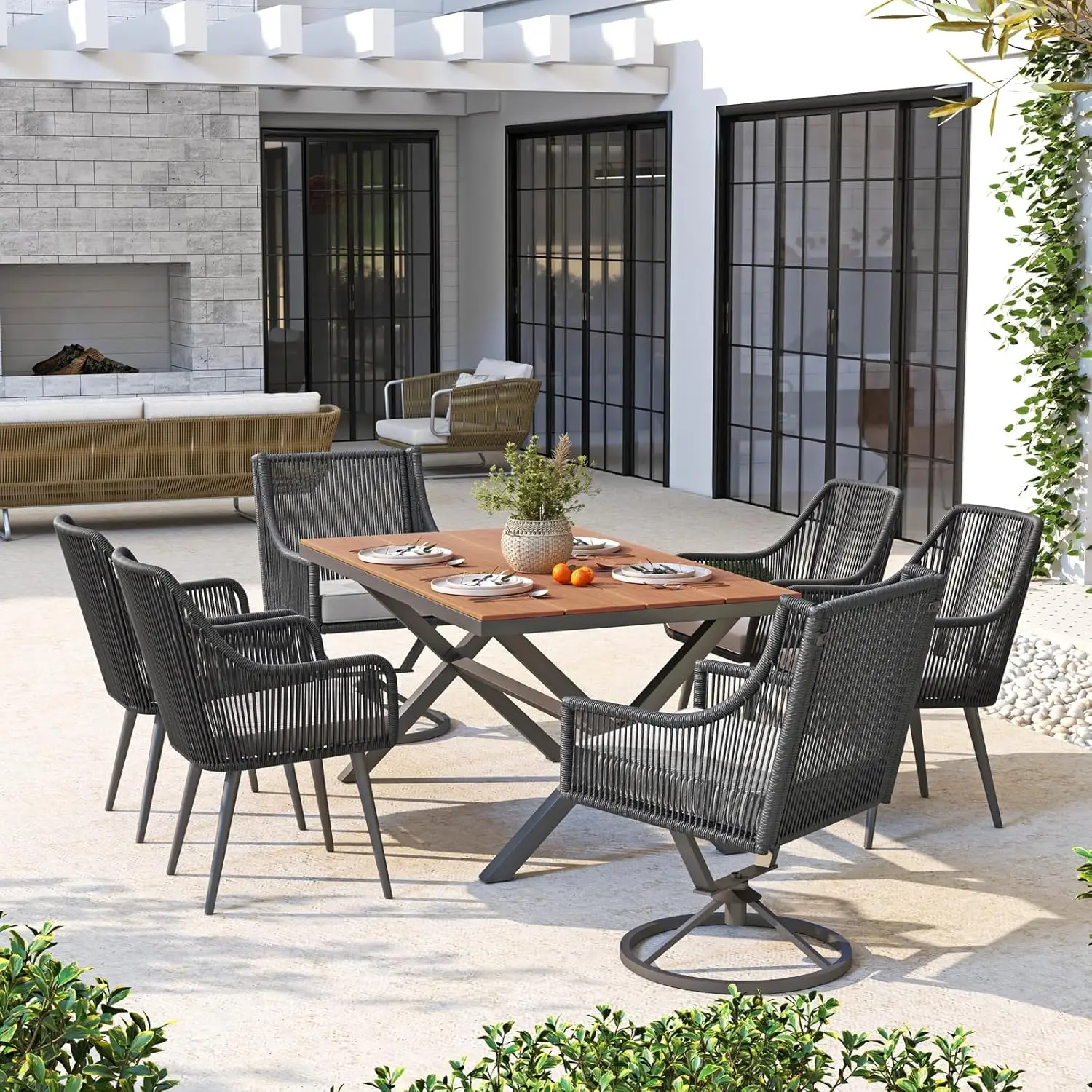 Outdoor Swivel Dining Chairs Set of 4, Wicker All-Weather Rattan Chairs with Cushions for Lawn & Backyard (Black/Light Gray)