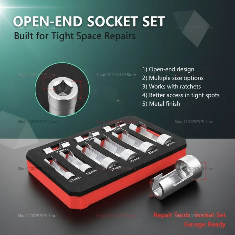 9-Piece Automotive Socket Set 10-22mm Open Oil Pipe Wrench Ratchet Tool For Injector Nut Removal Automotive Maintenance Repair.