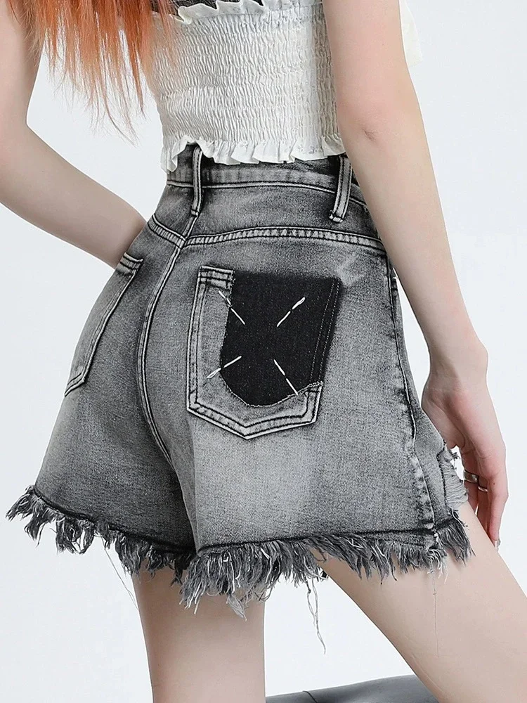 Américain classique taille haute chic fendu femme Jean Shorts été irrégulière mode évider Sexy décontracté Simple femmes Shorts