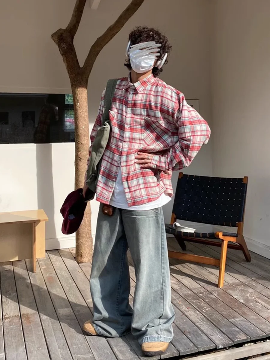 

y Spring Autumn American Retro Accordion ket Long Sve Plaid irt Мужская повседневная свободная куртка irt Trendy