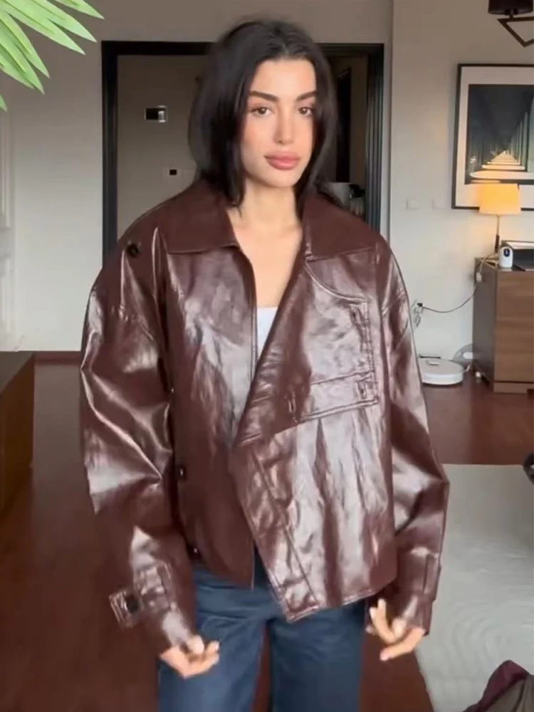  TFMLN Faux Leather Jacket For Women Casual Loose Lapel PU Fitted Button Coat New Autumn Solid Bomber Jackets Street Outerwear