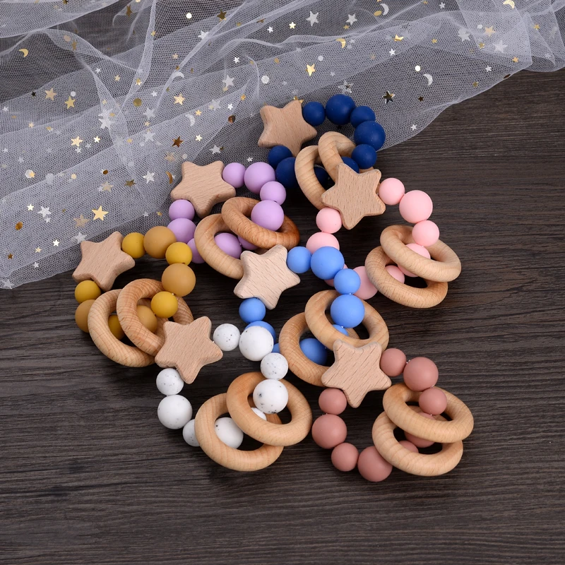 Baby Wooden Teether Bracelets Beech Wood Pentagram Crafts Ring Baby Silicone Beads Rattles Teething Ring Infant Nursing Toy